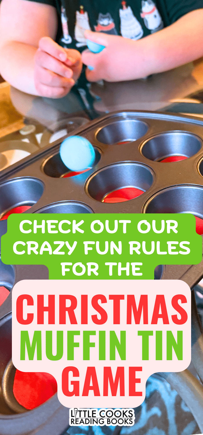 Christmas party guests playing the muffin tin Christmas game with ping pong balls and text overlay