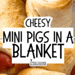 mini pigs in a blanket hot dog crescent rolls on a party snack table with text overlay