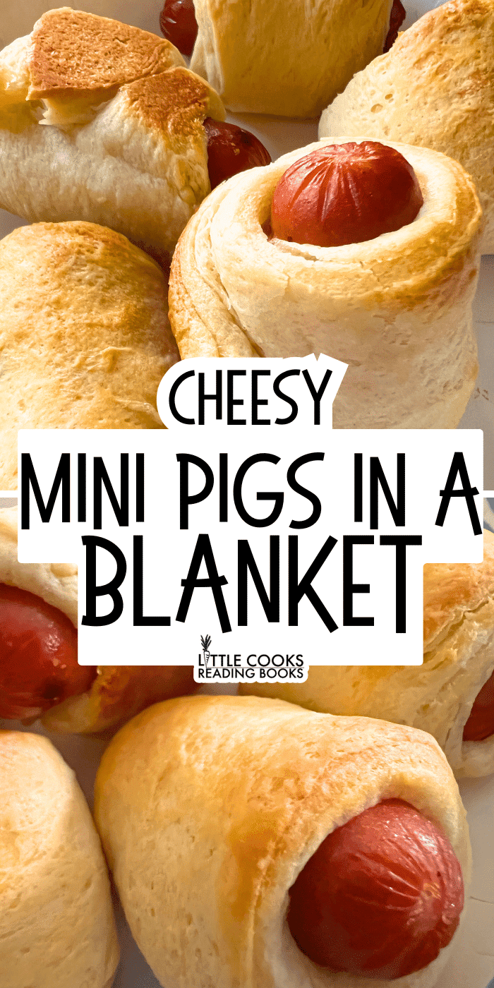 mini pigs in a blanket hot dog crescent rolls on a party snack table with text overlay