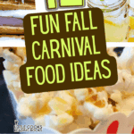 collage of fall carnival foods for a harvest festival for church, fall equinox party recipes, Halloween carnival snacks, or even Thanksgiving party ideas