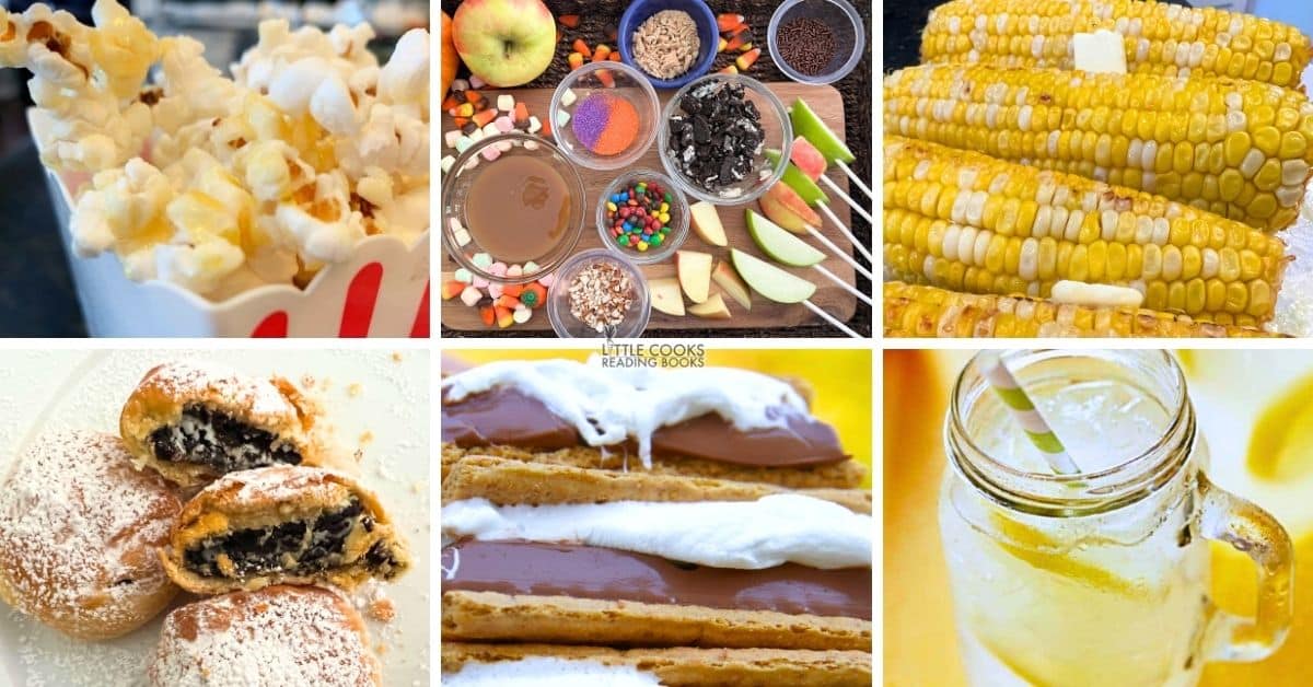 collage of fall carnival foods and harvest recipes for fall festival parties
