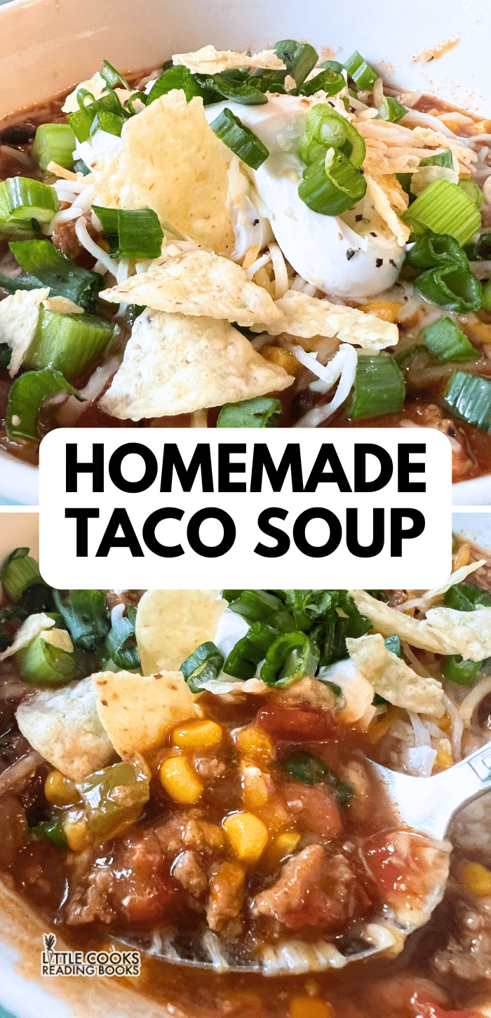 homemade taco soup in white bowls with Mexican soup toppings and text overlay