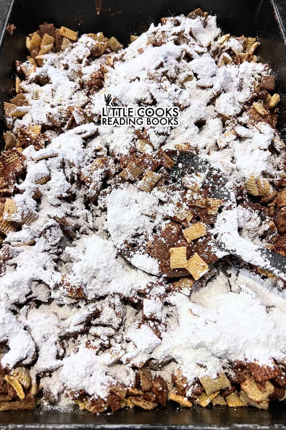 Chocolate Puppy Chow with Powdered Sugar large amount of Puppy Chow with Powdered Sugar recipe