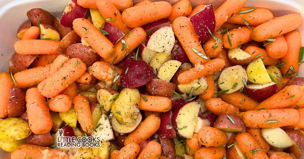 Roasted Carrots and Potatoes Side Dish Recipe in a white serving dish