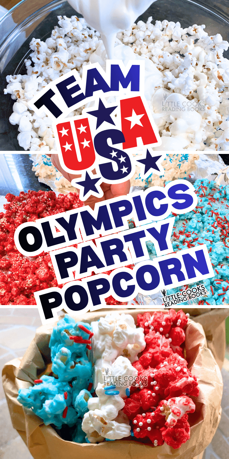 Olympics Party Popcorn in Red White Blue collage of red white and blue popcorn on Olympics party table