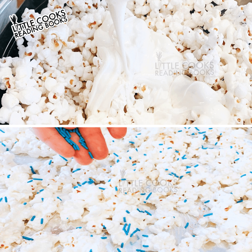 Patriotic Popcorn for Olympics Party Snacks white chocolate popcorn with blue sprinkles recipe for making Olympic party popcorn bar