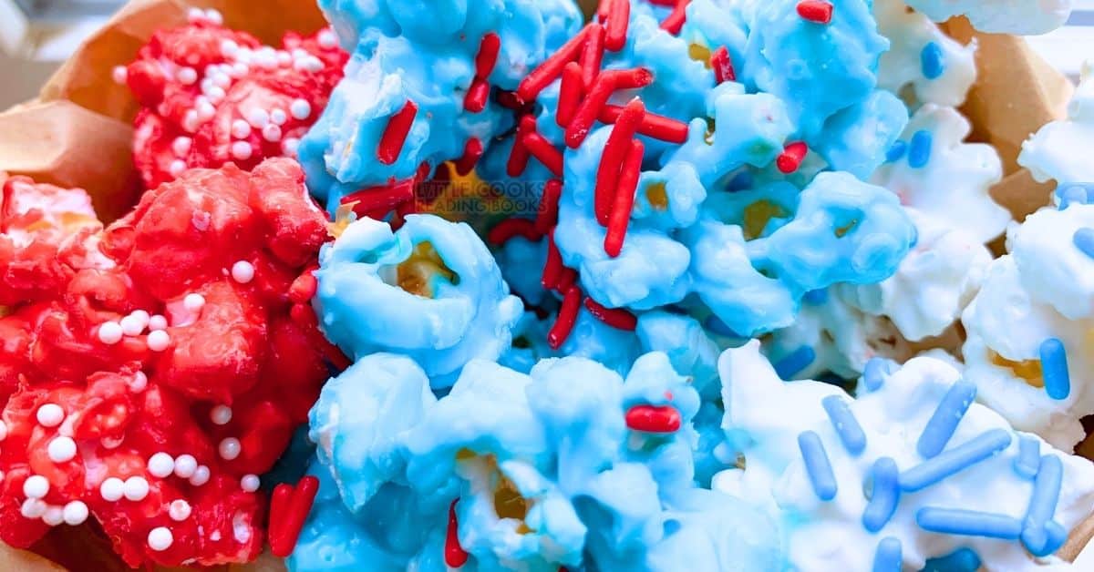 Team USA Olympics Party Popcorn in Red White Blue chocolate covered popcorn in red white & blue for Team USA Olympics Party Popcorn Bar ideas from LCRB