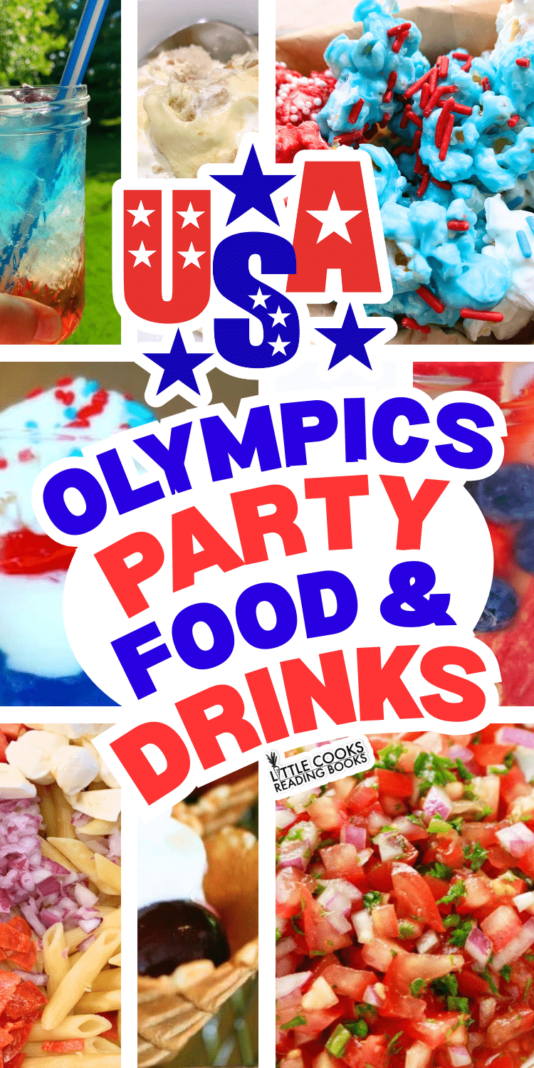winter olympics party foods collage of red white blue desserts, party punch drinks and red white and blue party snacks for winter games party buffet