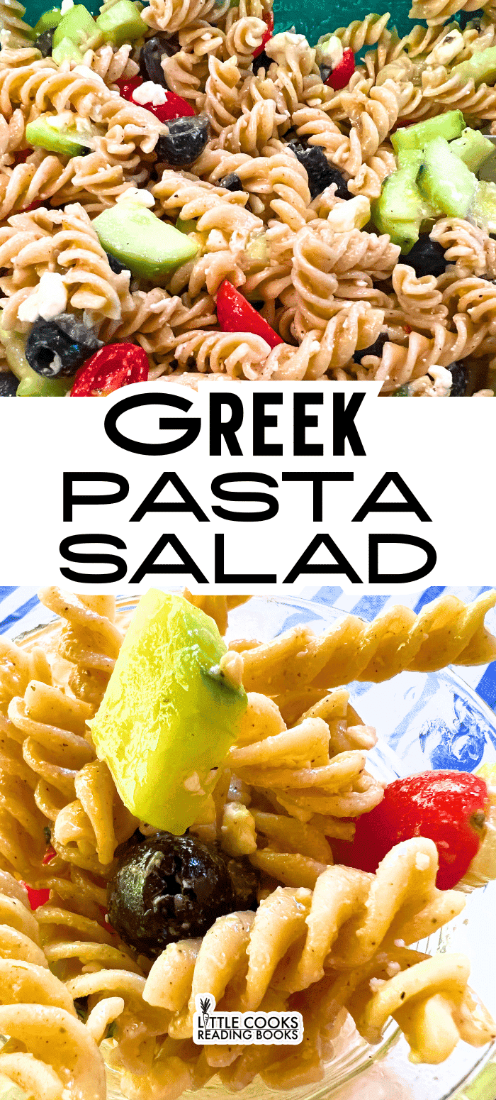 Easy Pasta Salad with Greek Dressing and Fresh Vegetables pasta salad with Greek dressing, fresh vegetables, black olives and feta cheese