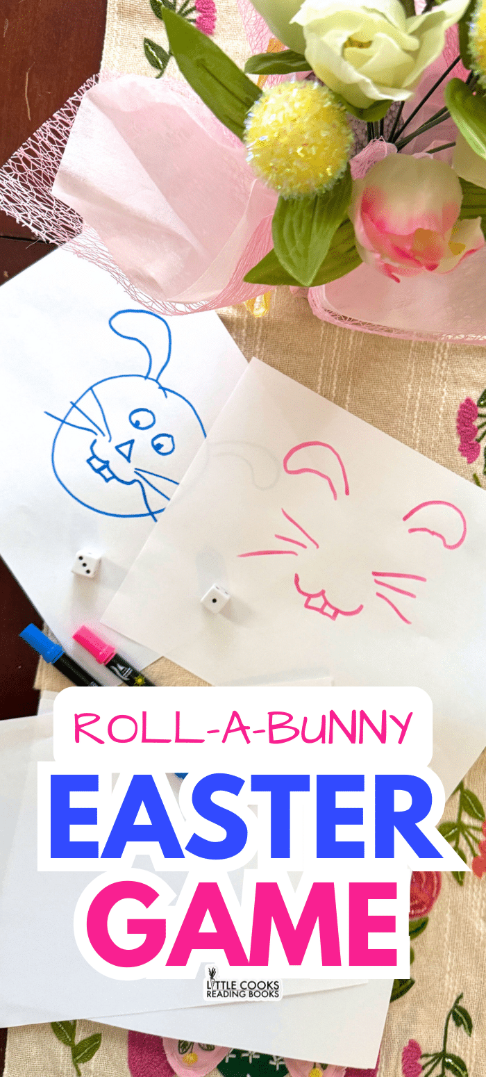LOW PREP Roll a Bunny Easter Game With Dice ROLL A BUNNY EASTER BUNNY DRAWING GAME WITH PARTY GAME SUPPLIES ON AN EASTER PARTY TABLE