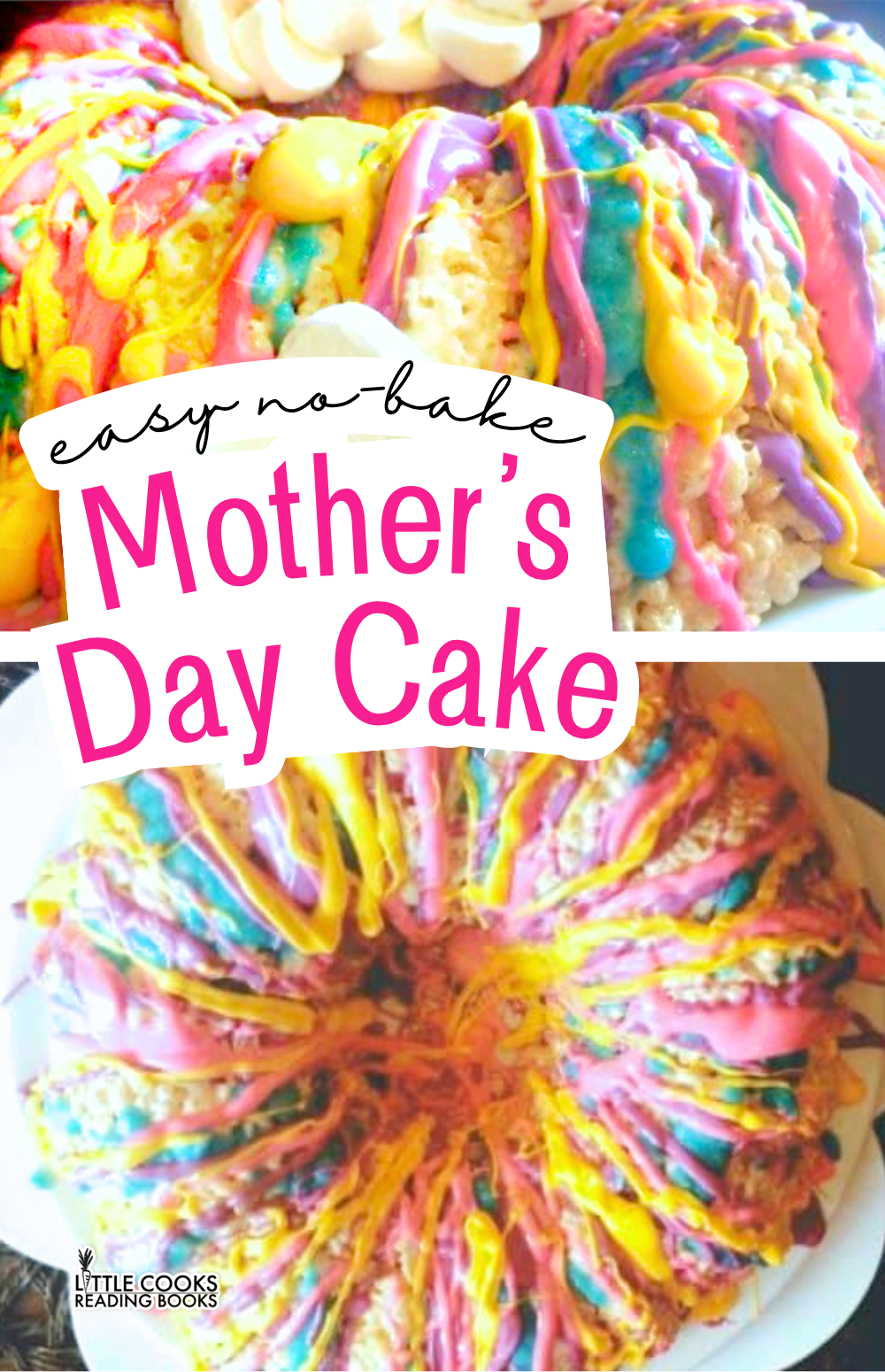 Rice Crispy Mother's Day Cake Ideas with Marshmallow Flowers for Mom Easy Mother's Day cake ideas - no bake cake with rice krispies and marshmallow flowers