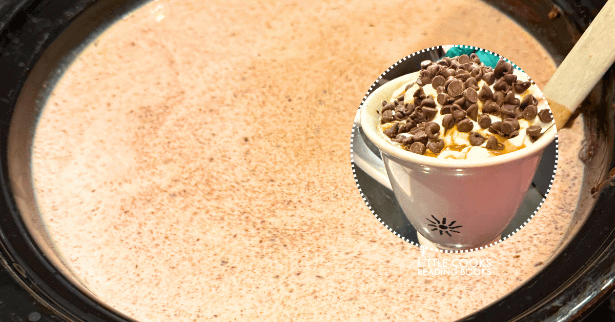 crockpot hot chocolate recipe in slow cooker with a picture of hot cocoa in a mug with hot chocolate toppings