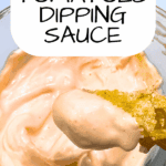 FRIED GREEN TOMATOES DIPPING SAUCE IN BOWL WITH FRIED TOMATO DIPPED INTO IT