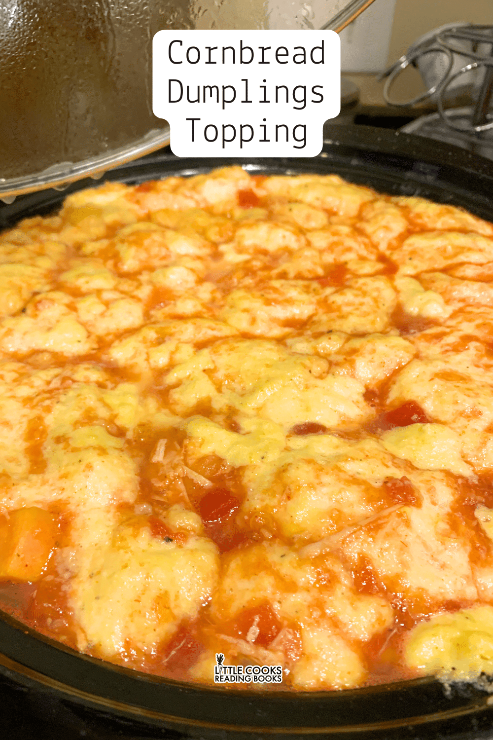 Cornbread Dumplings Topping cornbread drop dumplings topping on top of soup in a crockpot